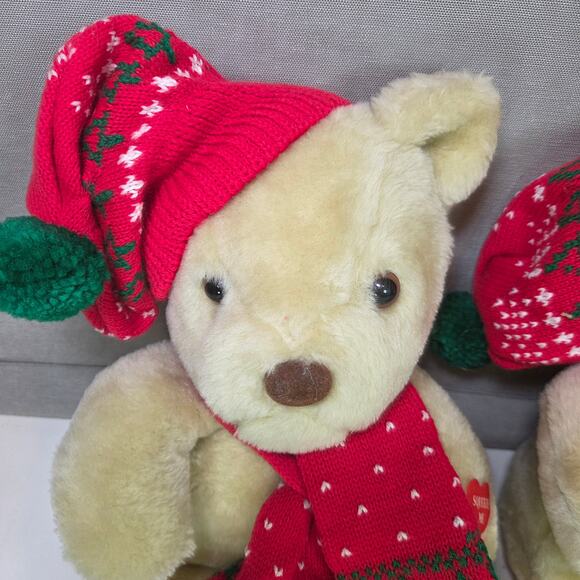Pair of Christmas Animated Plush Bears Red Hat Scarf Holiday Stuffed Animals - Picture 2 of 11